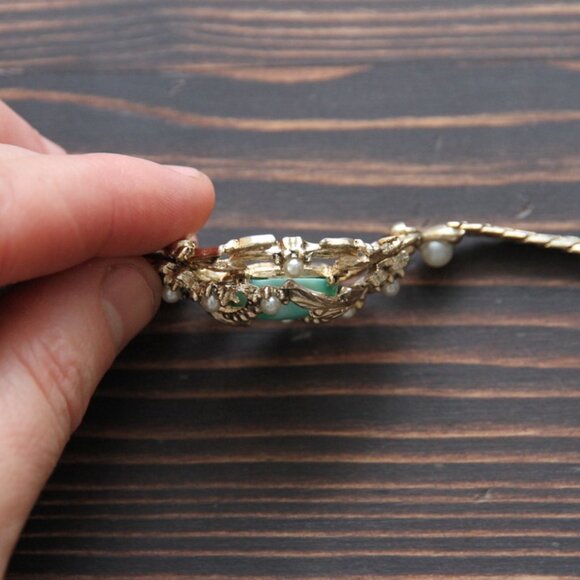 Suffragette Style Bracelet with Green Cabachon & Seed Pearls - Picture 10 of 16